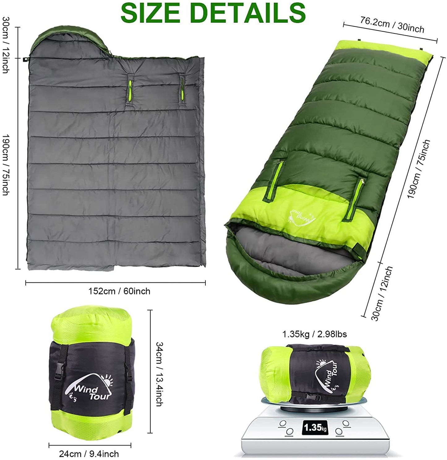 Wearable Sleeping Bag for Adults, Compact Lightweight Cold Weather Mummy Sleeping Bags for 2-3 Season Camping Backpacking Hiking, Green
