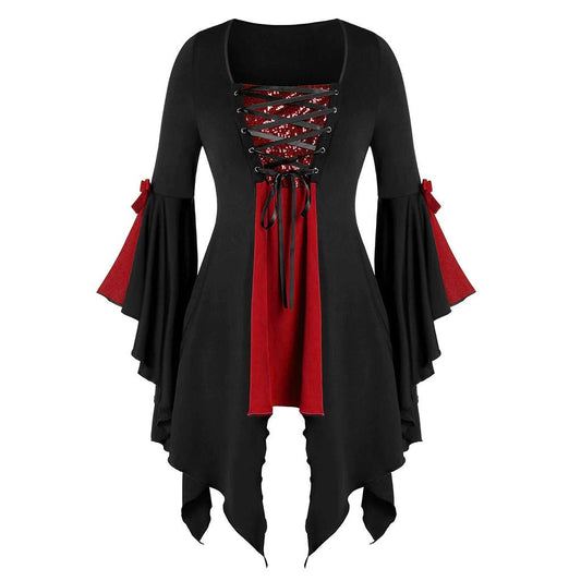 Aniywn Plus Size Womens Halloween Tops, Flare Long Sleeve Sequined Lace Up Gothic Costume Tunic Tee Shirt Red