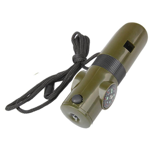 7 in 1 Hiking Tool Whistle Magnifier Mirror Compass LED Light Lanyard