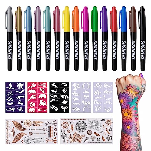 SUSIKEKI Temporary Tattoo Markers for Skin, 15 Colors Tattoo Pen + 50 Paint Stencils + 43 Tattoos Stickers, Glitter & Matte & Neon Glow Body Marker Set, Removable Fake Tattoos Kit for Teens and Adult