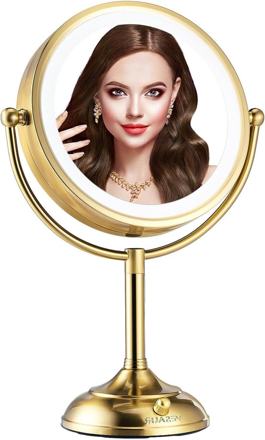 VESAUR Upgrade 8.5" Lighted Makeup Mirror, 1X/10X HD Undistorted Magnifying Makeup Mirror with Lights, 3 Colors Lights Brightness Adjustable, 360°Rotation Vanity Mirror, Dual Power Supply, Gift(Gold)