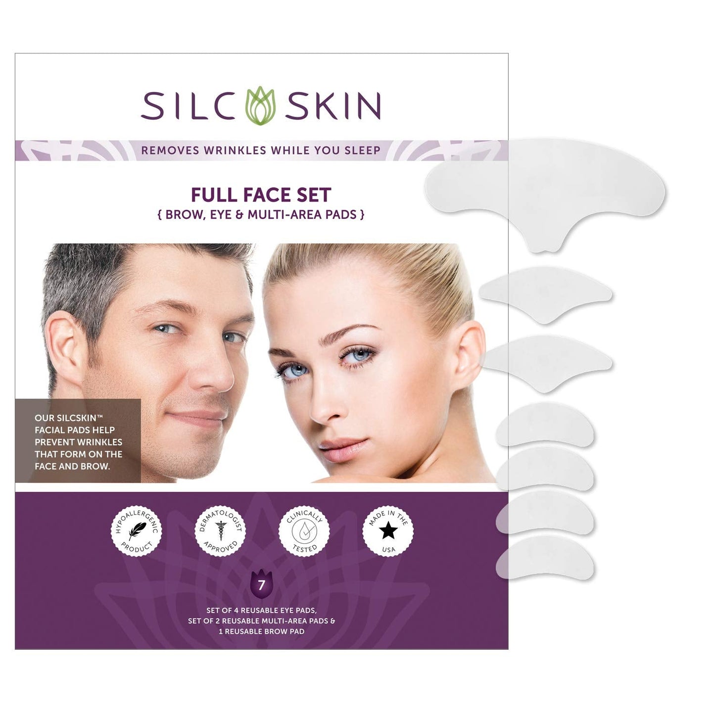 SilcSkin Full Face Set, Helps with Face & Brow Wrinkles from Sun Aging Side Sleeping, Reusable Self Adhesive Medical Grade Silicone, 1 Brow Pad, 4 Eye Pads, 2 Multi-Area Pads - 45 Day Supply