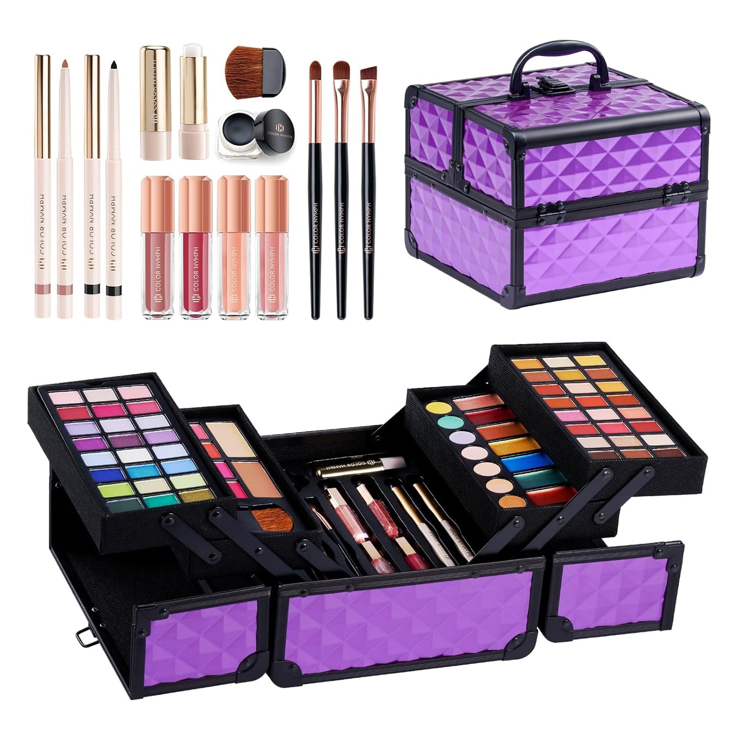 Color Nymph All in one Makeup Kit For Girls Teens, Makeup Set 4 Trays Spacious Space Train Case for Beginner with Eyeshadow Highlighter Lipgloss Blush Contour Concealer Brush Eyeliner Lipbalm