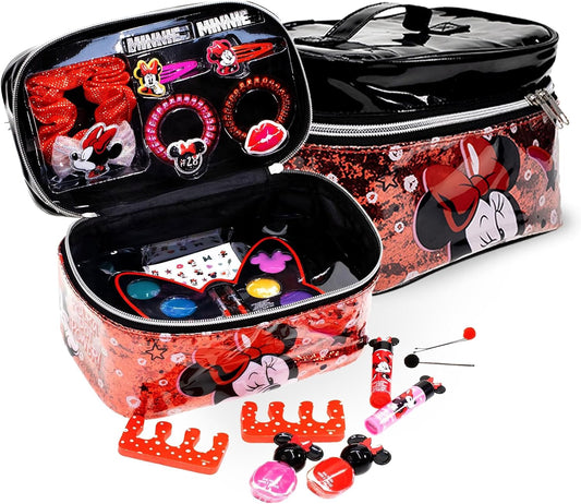 Townley Girl Disney Minnie Mouse Zipper Cosmetic Train Case With Lip Gloss, Lip Balm, Hair Clips, Nail Stickers, Scrunchie and More, Ages 3+, for Parties, Sleepovers and Makeovers
