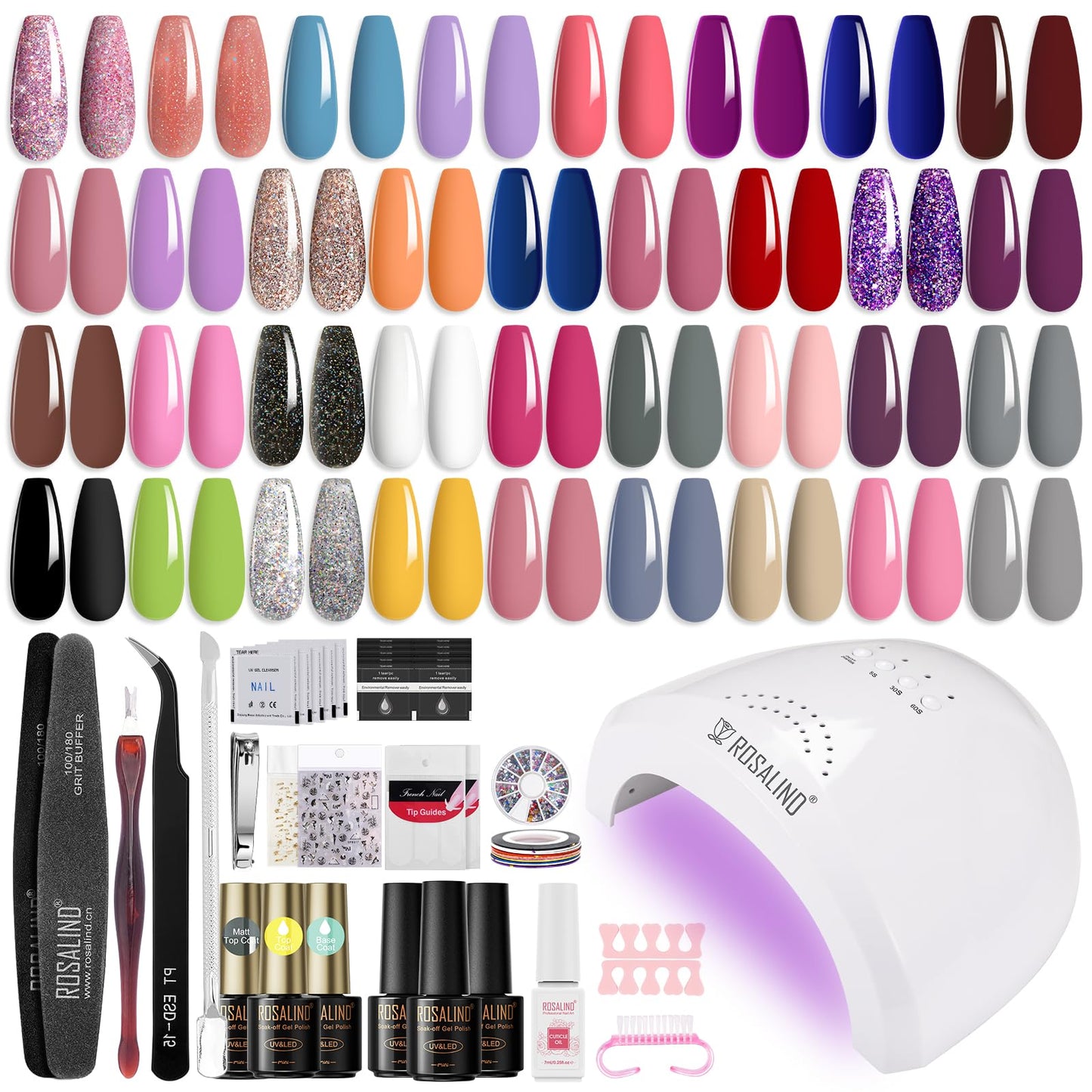 ROSALIND Gel Nail Polish Kit with U V Light 54 Pcs, 35 Colors Classic Collection Nude Pink Gel Nail Polish Set with Base and Matte/Glossy Top Coat Nail Art Decorations Manicure Tools DIY Salon Home