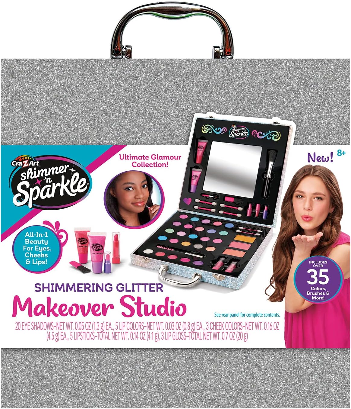 Shimmer 'n Sparkle Glitter Makeover Studio Beauty Kit – All-in-One Beauty for Eye, Cheeks and Lips for Ages 8 and Up