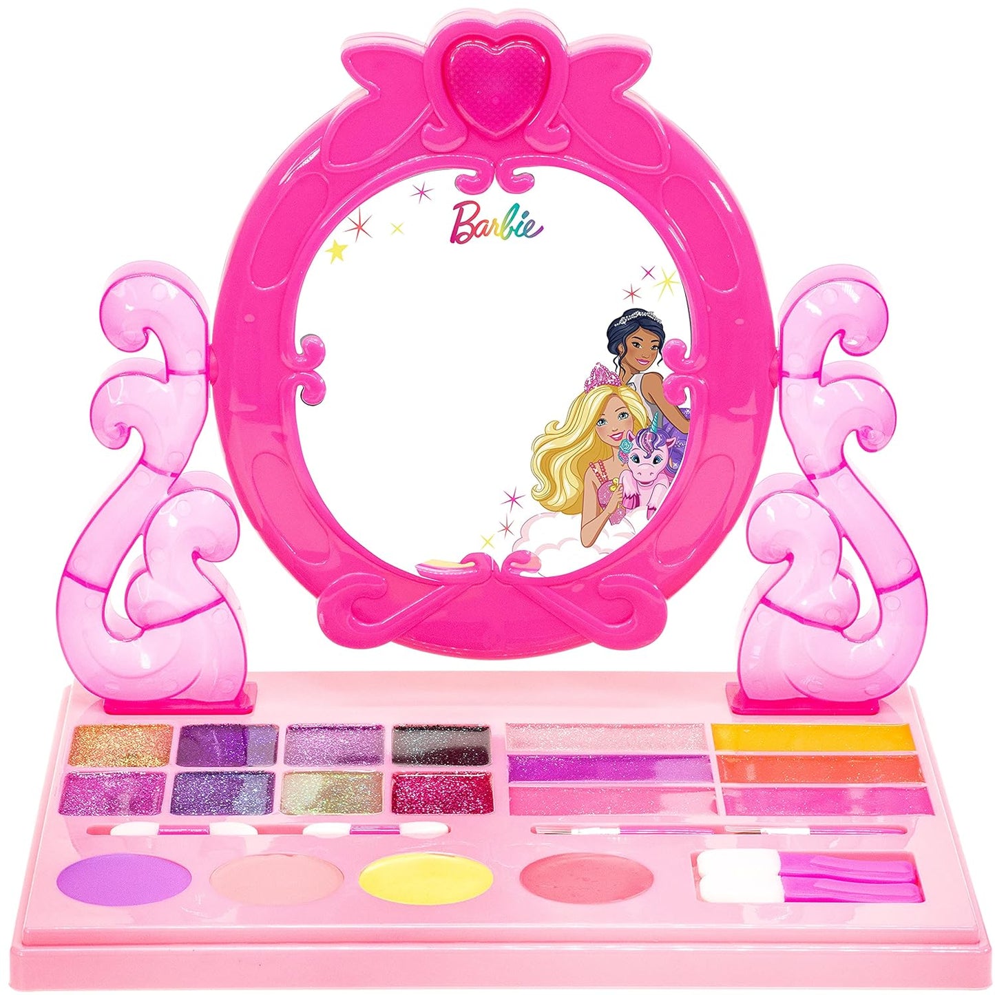 Barbie - Townley Girl Cosmetic Vanity Compact Makeup Set with Light & Built-in Music Includes Lip Gloss, Shimmer, Compact & Brushes for Kids Girls, Ages 3+ Perfect for Parties, Sleepovers & Makeovers