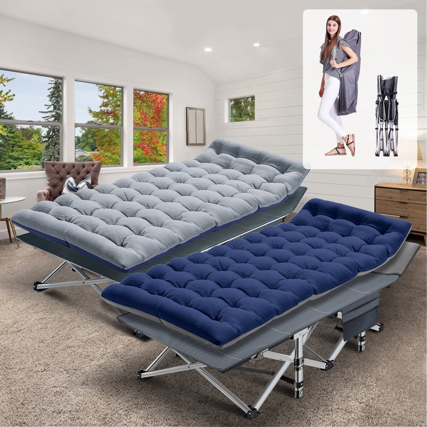 Set of 2 Folding Camping Cot with 2 Sided Mattress & Carry Bag, Sleeping Cot Bed, Portable Guest Bed, Heavy Duty Holds Up to 880 Lbs