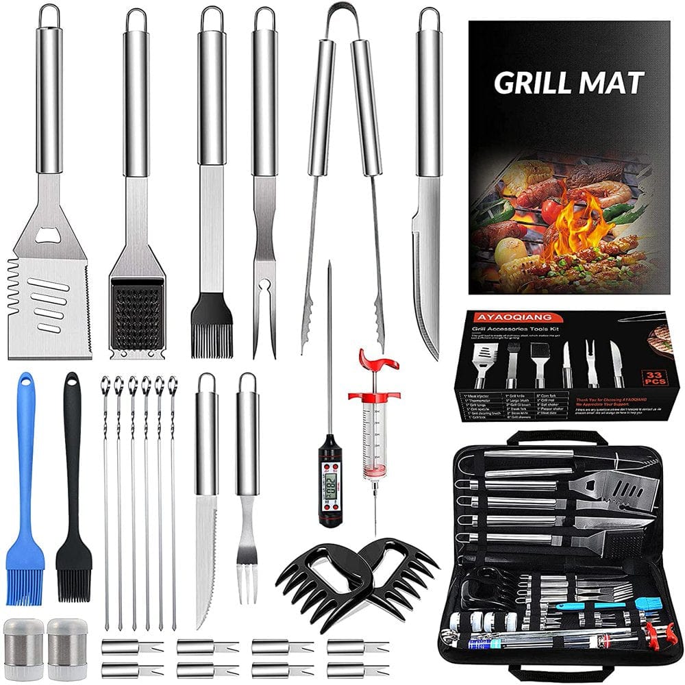 BBQ Accessories Tool Set,33Pcs Barbecue Grill Utensils Set for Camping,Kitchen,Garden,Stainless Steel Barbecue Skewers Set with Griddle Mats and Meat Thermometers