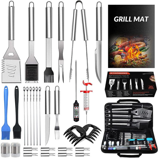 BBQ Accessories Tool Set,33Pcs Barbecue Grill Utensils Set for Camping,Kitchen,Garden,Stainless Steel Barbecue Skewers Set with Griddle Mats and Meat Thermometers