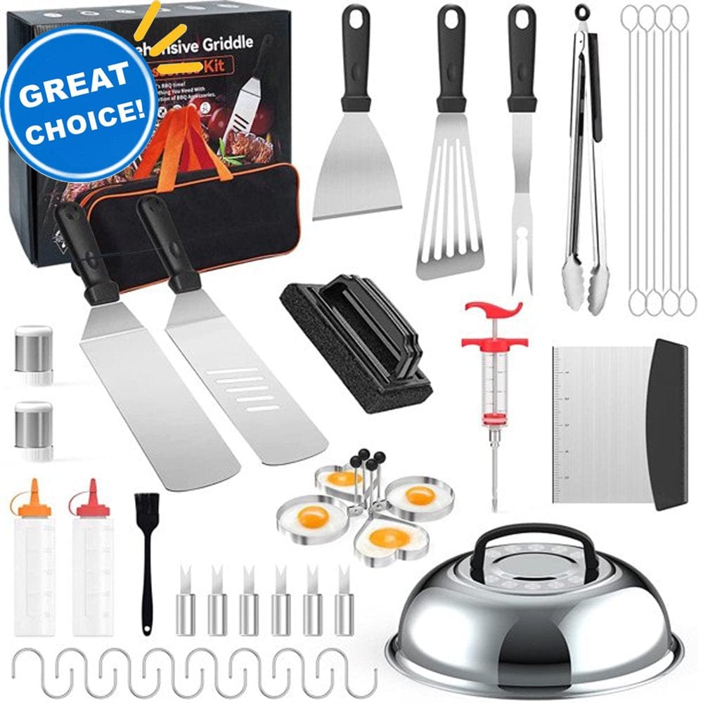 BBQ Set Griddle Accessories Kit, 42Pcs Stainless Steel Grilling Tool Kit for Blackstone Outdoor Grill, BBQ Tool Set with Basting Cover, Spatula, Scraper, Bottle, Tongs, Egg Ring, Meat Injector