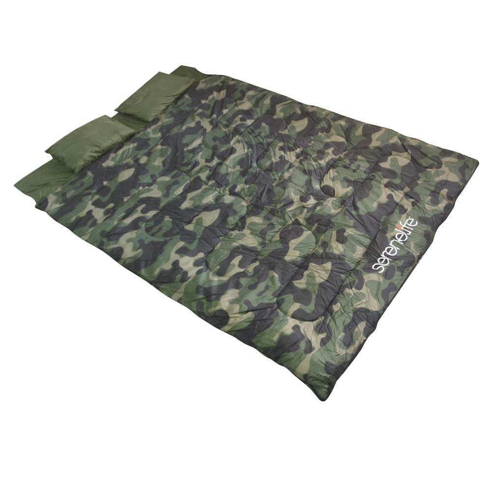Serenelife SLSBCA - Double Sleeping Bag with Two Pillows- Lightweight & Waterproof Sleeping Bag for Adults or Teens, for Camping, Backpacking or Hiking, Includes Carrying Bag (Camouflage)