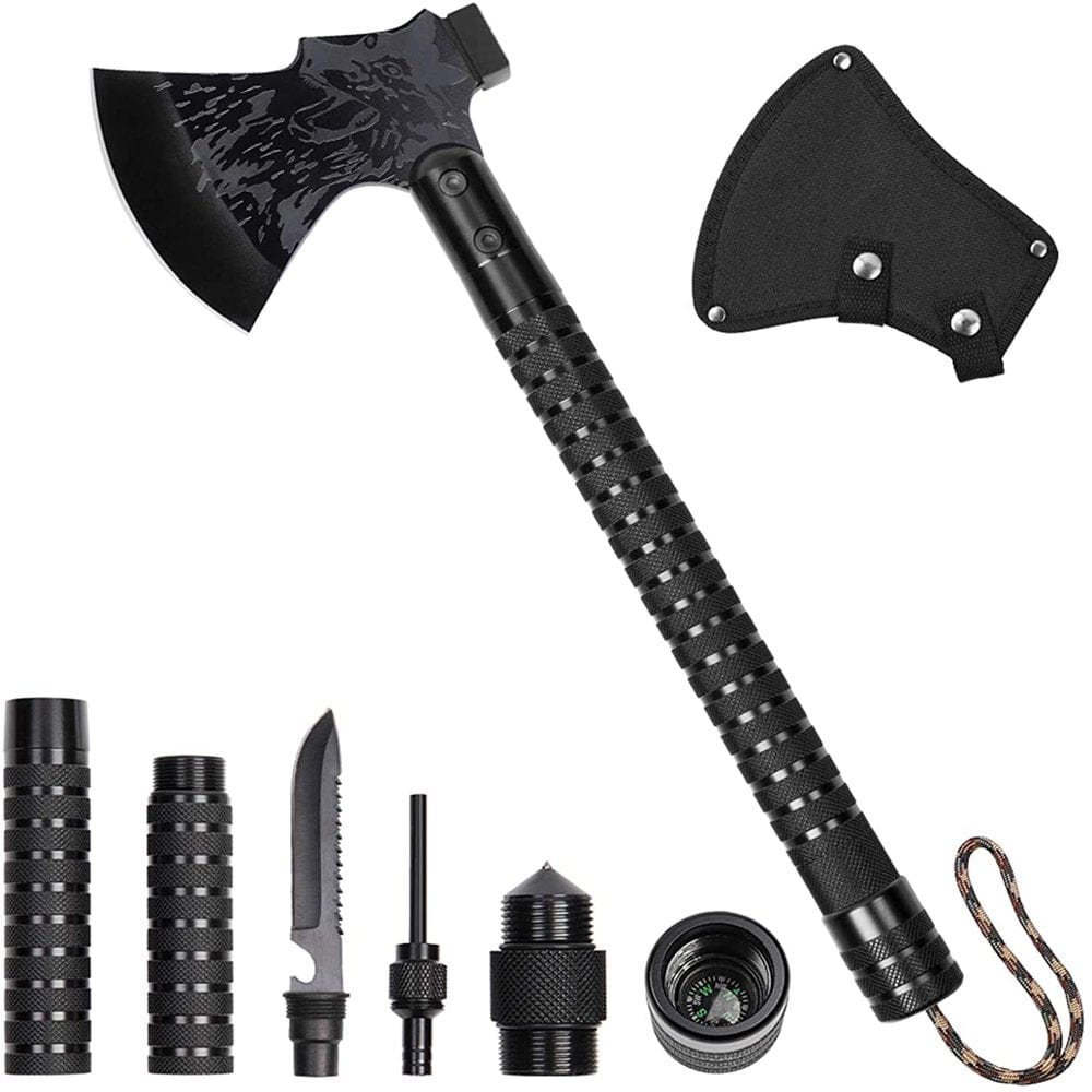 Survival Camping Axe, Folding Tactical Axe Hatchet with Hammer, Nylon Sheath for Outdoor Adventures ,Black