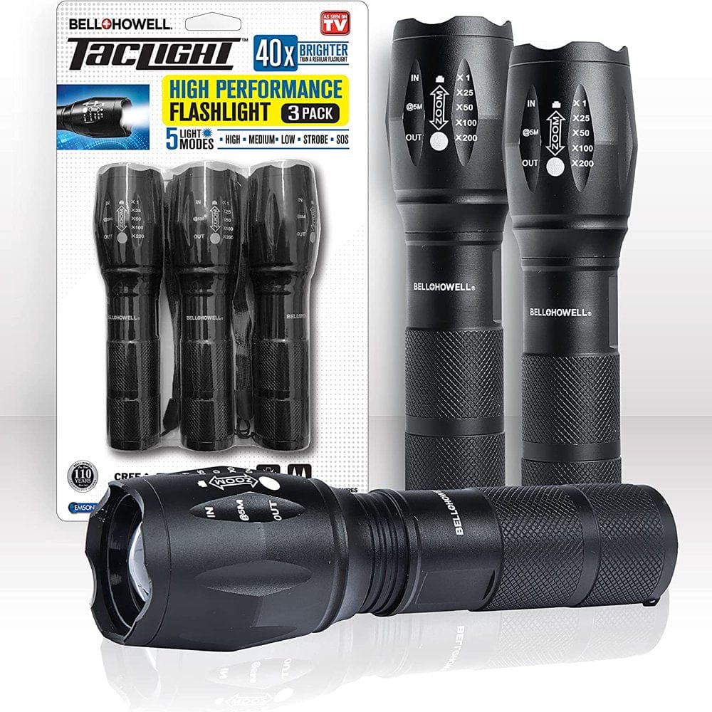 Taclight Tactical Flashlight 3 Pack Tac Light Weatherproof Aircraft Grade Aluminum Construction, 5 Light Modes with 50,000 Hour Cree Leds, 40X Brighter – as Seen on TV