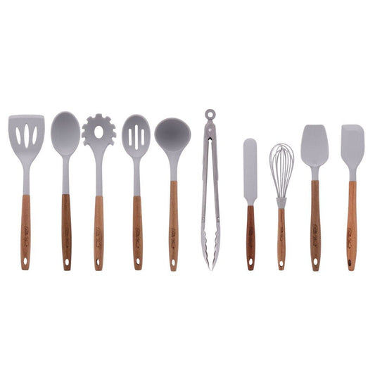 The Pioneer Woman Silicone Kitchen Utensils, 10 Piece Set, Gray, Acacia Wood Handle