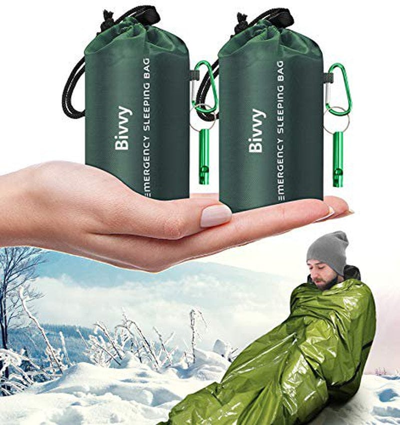 Timok Emergency Sleeping Bags Thermal-Emergency-Blankets?2 Packs Ultralight Space Blankets Survival Waterproof Bivy Sack Multi-Purpose Outdoor Survival Gear for Hiking, Camping, First Aid Kits, Green