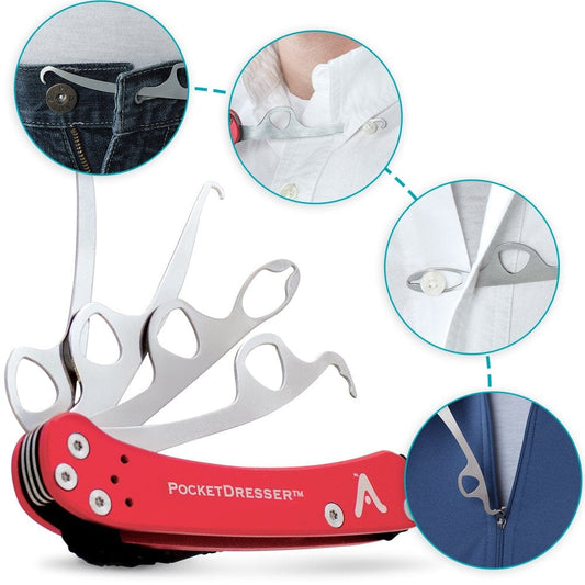 Vivi Pocketdresser Button Hook, Zipper Pull, and Shoelace Tool, Red