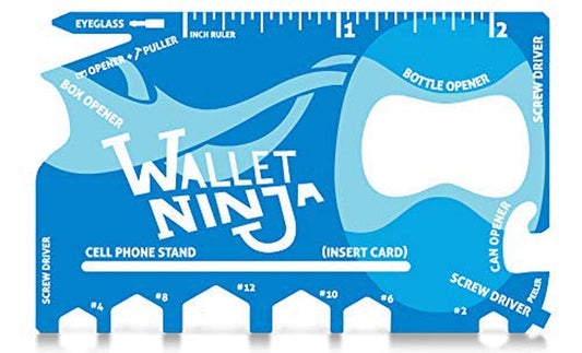 Wallet Ninja 18 in 1 Credit Card Multi-Tool: (Baby Blue) Eyeglass Screwdriver, Hex Wrenches, Bottle Opener, Phone Stand, Can Opener, Ruler