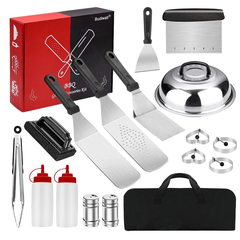 West Bay Griddle Accessories Kit, 18 Pcs Professional Griddle Grill Tools Blackstone and Camp Chef, Stainless Grill BBQ Set with Spatula Set, Scraper, Basting Cover, Tongs, for Outdoor Barbecue