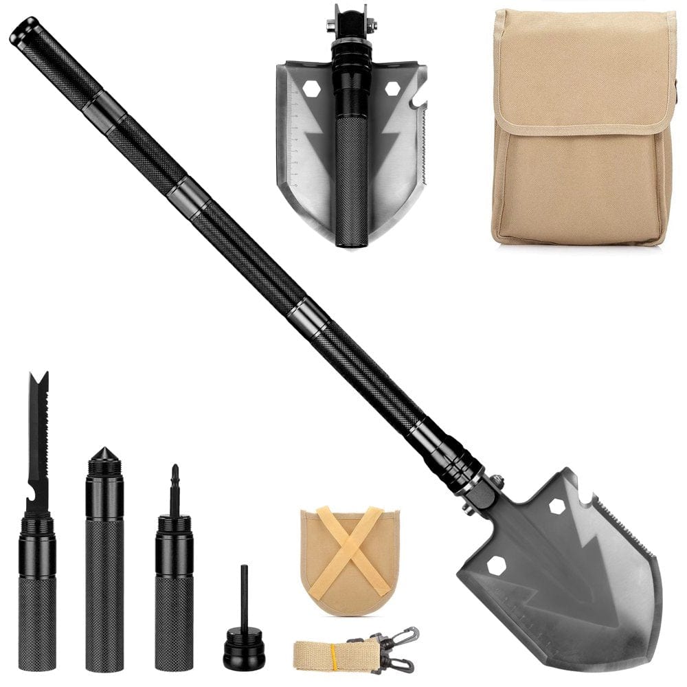 Wild Peak APEX1 18-In-1 Multitool Steel Emergency Shovel with Carrying Pouch for Survival, Military, Camping, Hiking, Climbing, Bug-Out Bag, Backpacking (Black)