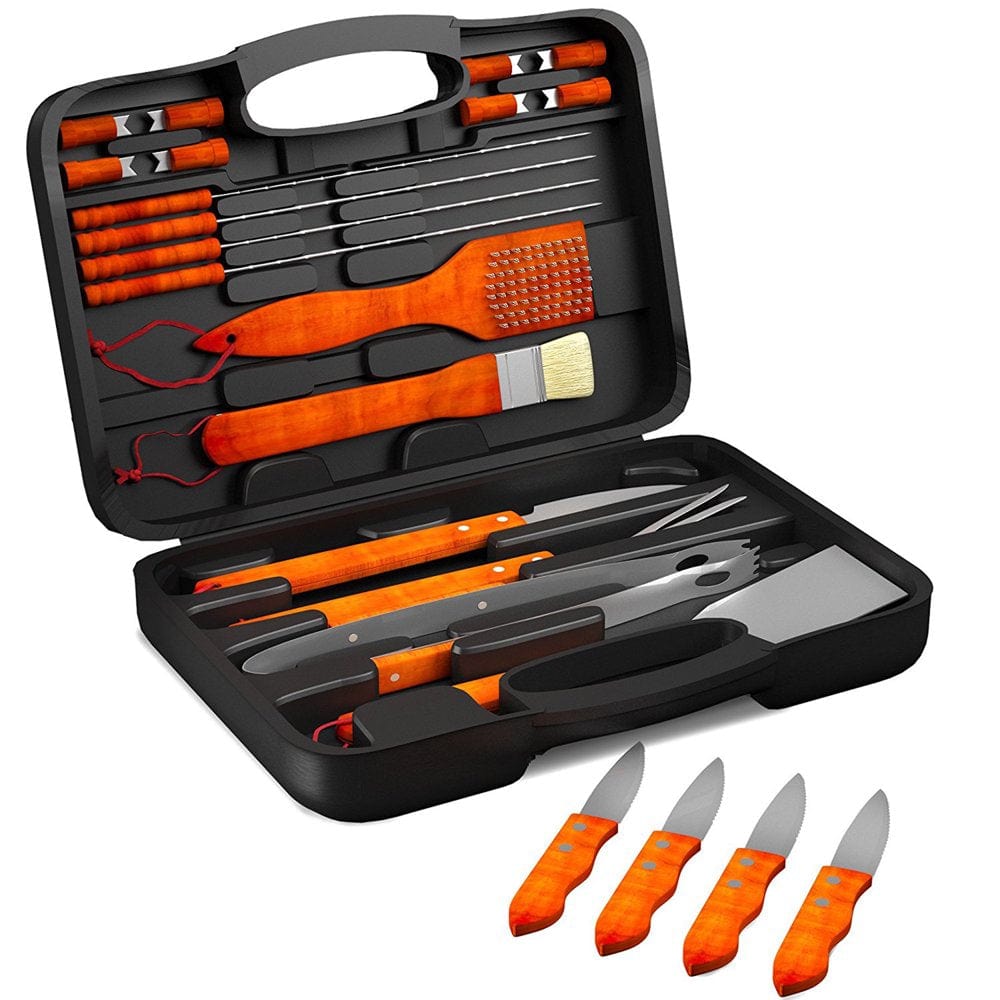 Wood BBQ Grill Tool Set- 18 Pc Stainless Steel Barbecue Accessories with Wooden Handles and Case, Spatula, Tongs, Skewers by Home-Complete