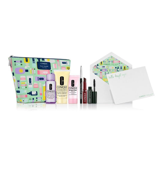 Clinique Skincare Makeup 8 Pcs Gift Set Green Lipstick Bag Designed by Kate Spade NY