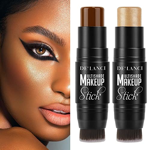 Contour Highlighter Stick Kits,DE’LANCI 2 PCS Cream Contour Highlighter Sticks with Brush,Moisturize Highlighter and Bronzer Stick For Brown Dark Black Skin Tone Women, Face Illuminator Shade Makeup