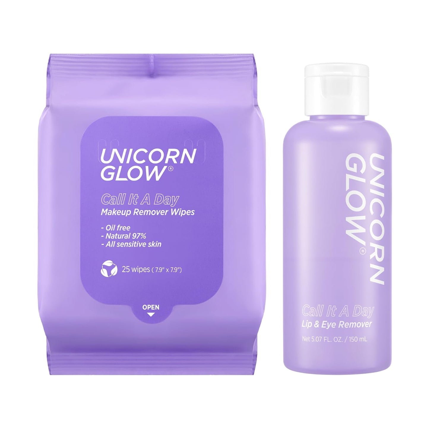 Unicorn Glow Makeup Remover Cleansing Face Wipes + LIP EYE Makeup Remover DUO - XL Oversize Daily Cleansing Facial Towelettes (1 EA+ Oil Free Lip Eye Makeup Remover)