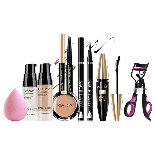 SACE LADY Face Eye Make Up Full Set, Full Cover Concealer & Pore Primer & Black Mascara & Lash Curler & Eyeliner & Eyebrow Pencil & Sponge, Long Lasting Eye Facil Makeup Kit 8Pcs
