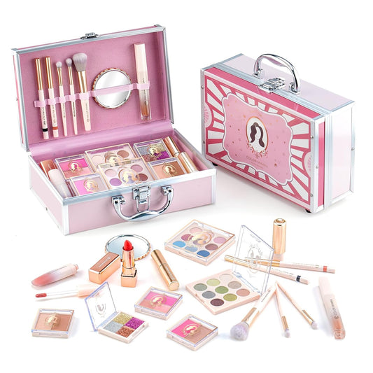 Color Nymph Girls Makeup Kits For Teens With Pink Retro Train Case Included Portable Matte Shimmer Glitter Eyeshadow Palettes,Lipstick,Lip Oils,Blushes,Highlighter,Brushes,Mirror