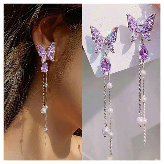 Allereyae Vintage Crystal Amethyst Butterfly Earrings Amethyst Butterfly Earrings Long Pearl Drop Earrings Purple Cz Long Chain Tassel Earrings Jewelry for Women and Girls