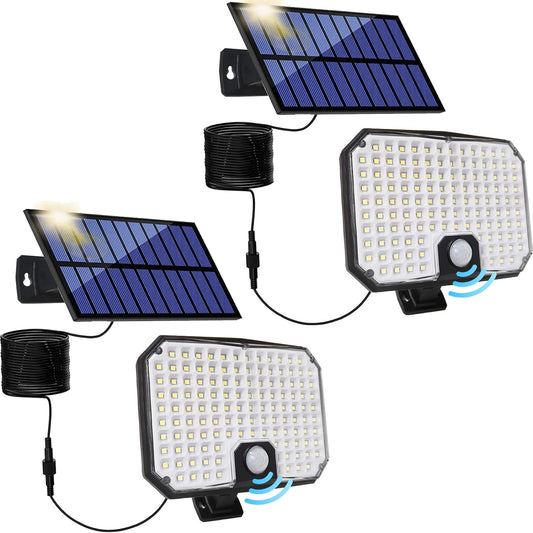 Solar Motion Detector Lights, Solar shed Light with Separate 16.4ft Cord Solar Panel, 3 Modes Dusk to Dawn Solar Security Lights for Outdoor Porch or Shed Garage Barn (QQA-1812-2P)