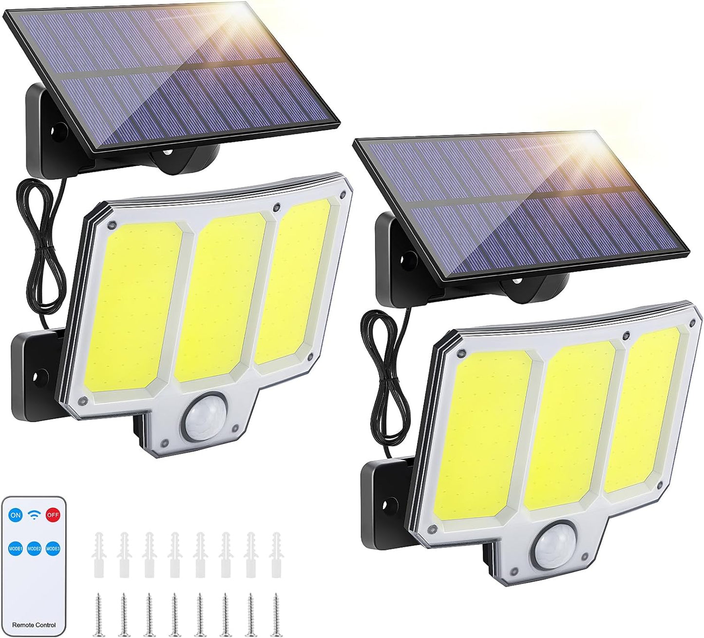 Solar Motion Lights Outdoor 2 Packs 150 LED Motion Sensor Solar Lights with Separate Solar Panel Remote Control IP65 Waterproof Security Flood Lights Wall Lamp for Outside Porch Yard Garage
