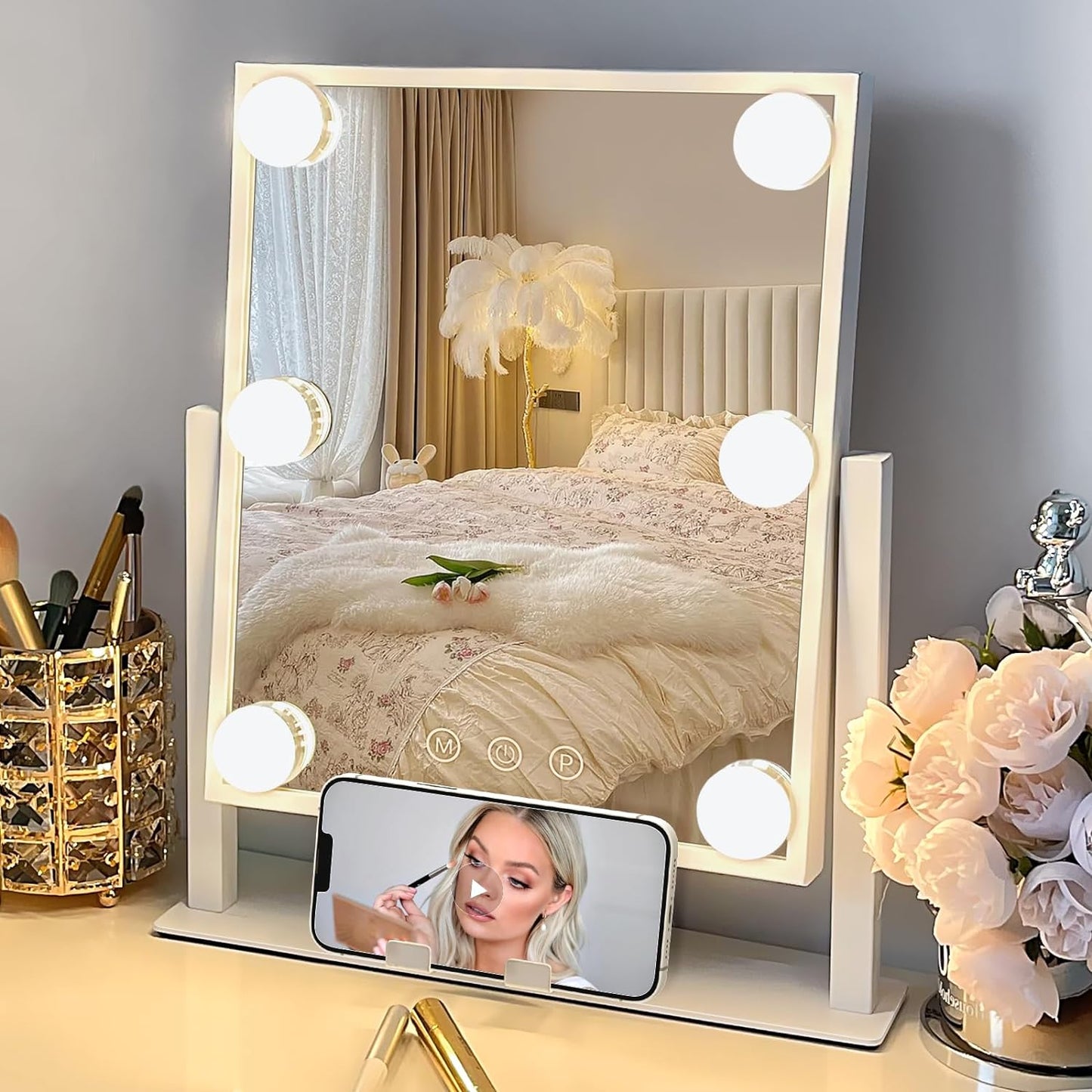 Vanity Mirror with Lights, 12"x10" Lighted Makeup Mirror, 3 Color Modes & Brightness Adjustable, Detachable 10X Magnification Mirror and Phone Holder, 360°Rotation (White)