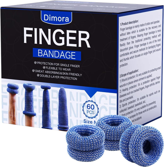 Dimora Finger Cots, 60Pcs Finger Protectors for Finger Tips, Breathable Finger Bandages for Wounds Care, Elastic Finger Gloves for Cargo Handling, Gardening Work, Fitness, Medium, Blue