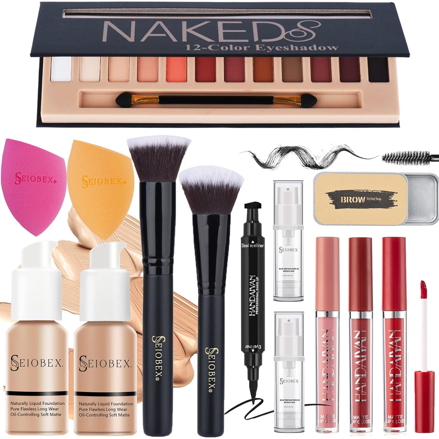 SEIOBEX All in One Makeup kit for Women Full Kit with Blending Brush, 12 Colors Eyeshadow Palette, Liquid Lipstick Kit, Sponge, Eyebrow Soap, Foundation, Primer, Sponge, Eyeliner Stamp - 14 in Pack