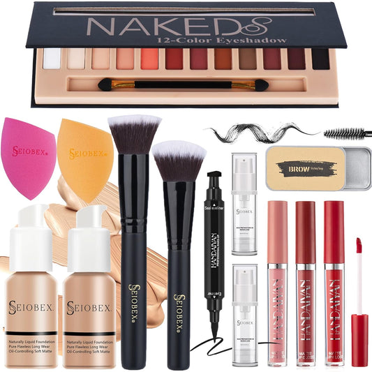 SEIOBEX All in One Makeup kit for Women Full Kit with Blending Brush, 12 Colors Eyeshadow Palette, Liquid Lipstick Kit, Sponge, Eyebrow Soap, Foundation, Primer, Sponge, Eyeliner Stamp - 14 in Pack