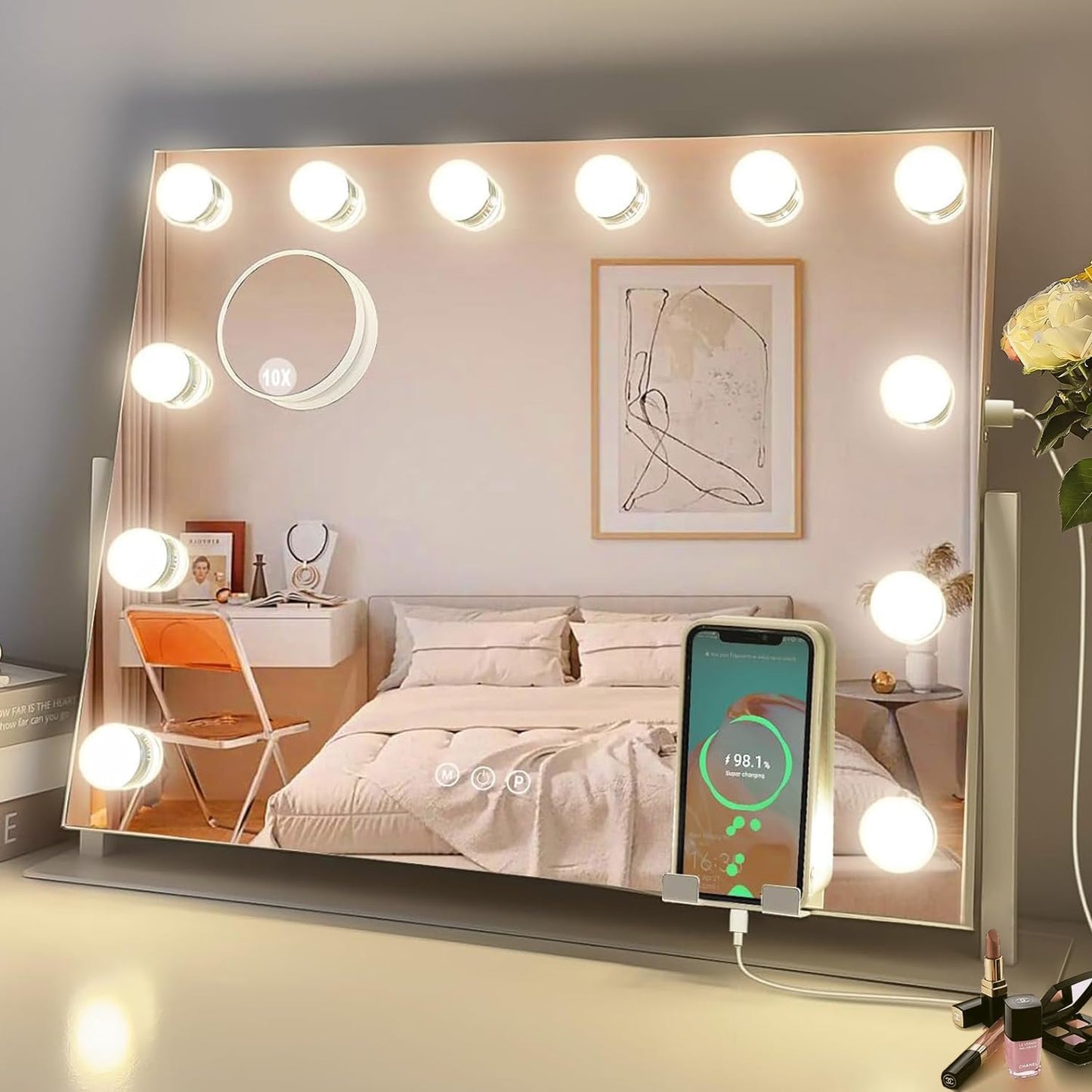 Vanity Mirror with Lights, 19.6" x 15.7'' Lighted Makeup Mirror with 12 LED, 3 Color Modes & Touch Control, Phone Holder, Detachable 10X Magnification, USB Charging Port,Metal Frame,White