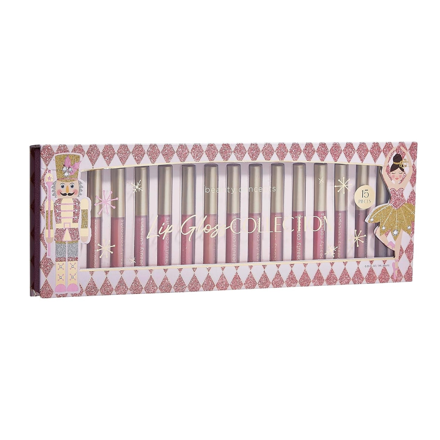 Beauty Concept 15-Piece Lip Gloss Set - Radiant Lips with Glossy Heavy Embossing, Shiny Gold Foil Stamping - 0.7 fl oz Each in Pink Nutcracker