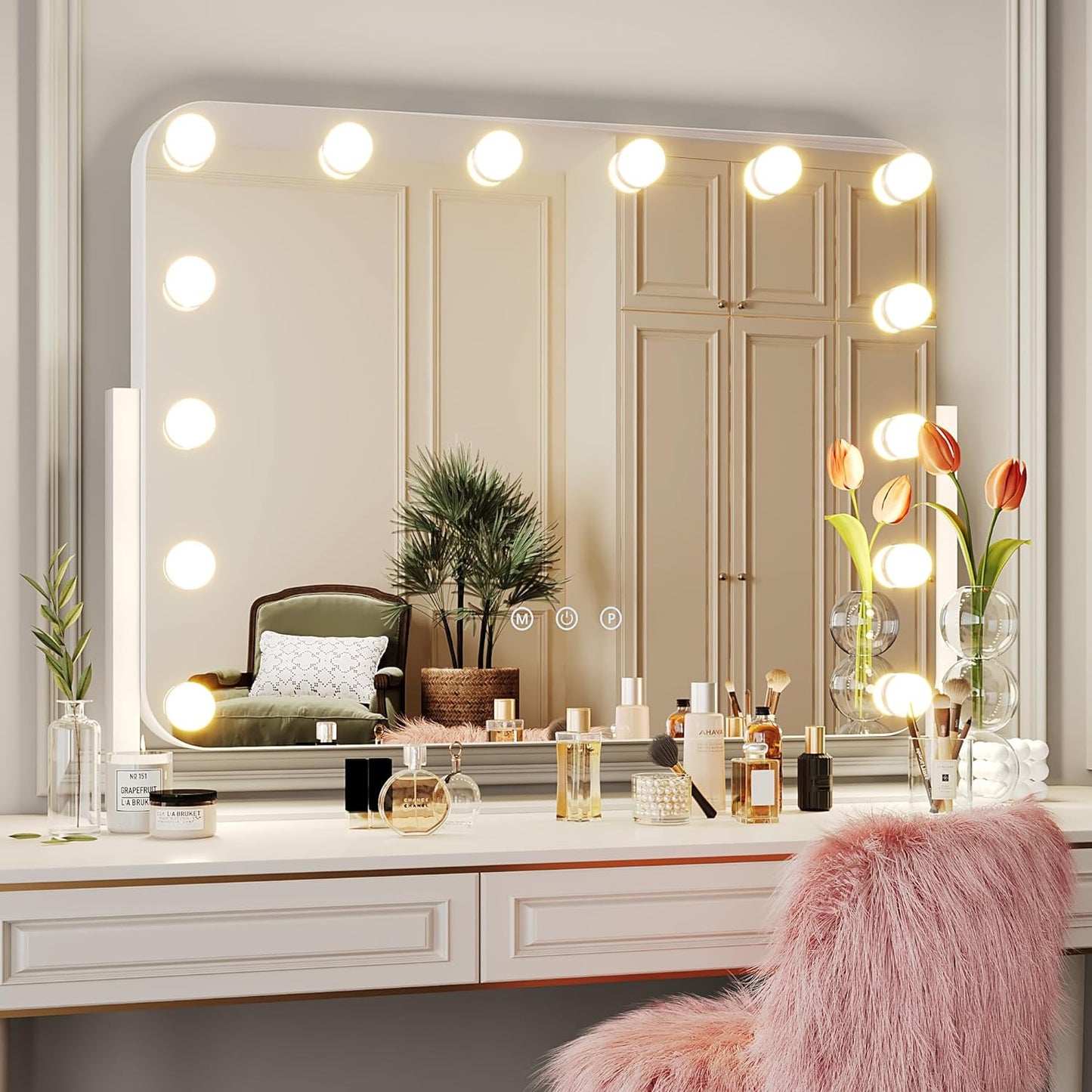 Vanity Mirror with Lights, Makeup Mirror with Lights, 14 LED Bulbs Hollywood Vanity Mirror 3 Color Lighting USB-Powered Dimmable Light with Touch Control, 360°Ratation, 19.6 x 16.5 Inch, White