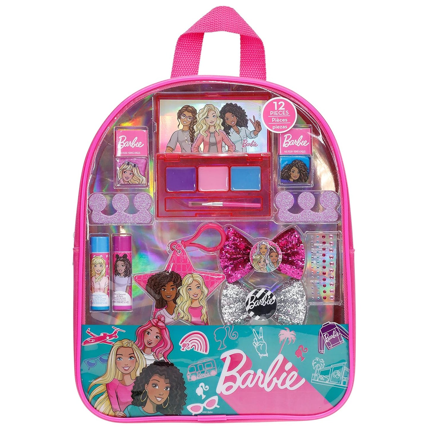 Barbie - Townley Girl Backpack Cosmetic Makeup Gift Bag Set 12 Pcs includes Lip Gloss, Nail Polish & Hair Accessories for Kids Teen Tween Girls, Ages 3+ perfect for Parties, Sleepovers and Makeovers