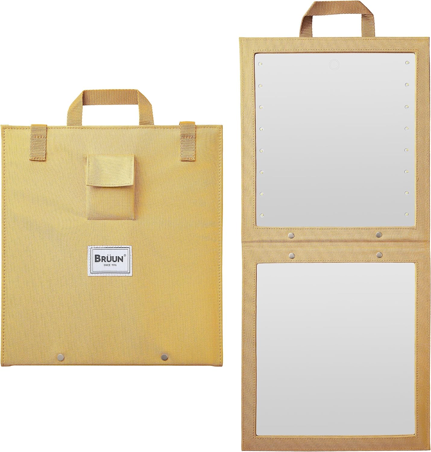 BRUN Adjustable Foldable Wall Mounted Rectangular Mirror, Touch Control, Dimmable, Crystal Clear Image, 15" x 15"