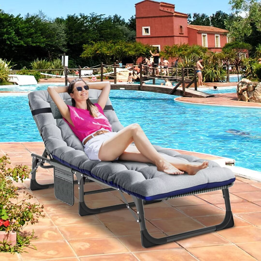 Docred 5-Fold Lounge Chair for Bedroom and Living Room, Adjustable 5-Position Sleeping Chair with 2-Sided Mattress & Pillow, Portable Folding Bed Cot