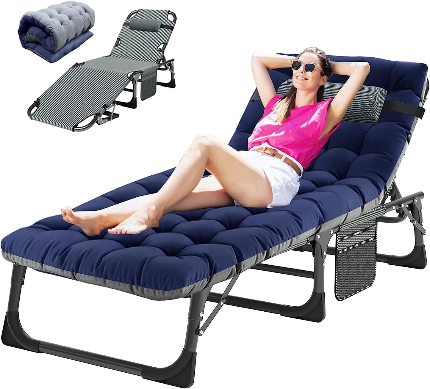 Slsy Folding Camping Cot with 2 Sided Cushion & Headrest for Adults & Kids, Adjustable 5-Position Folding Lounge Chair, Folding Sleeping Cots Guest Bed