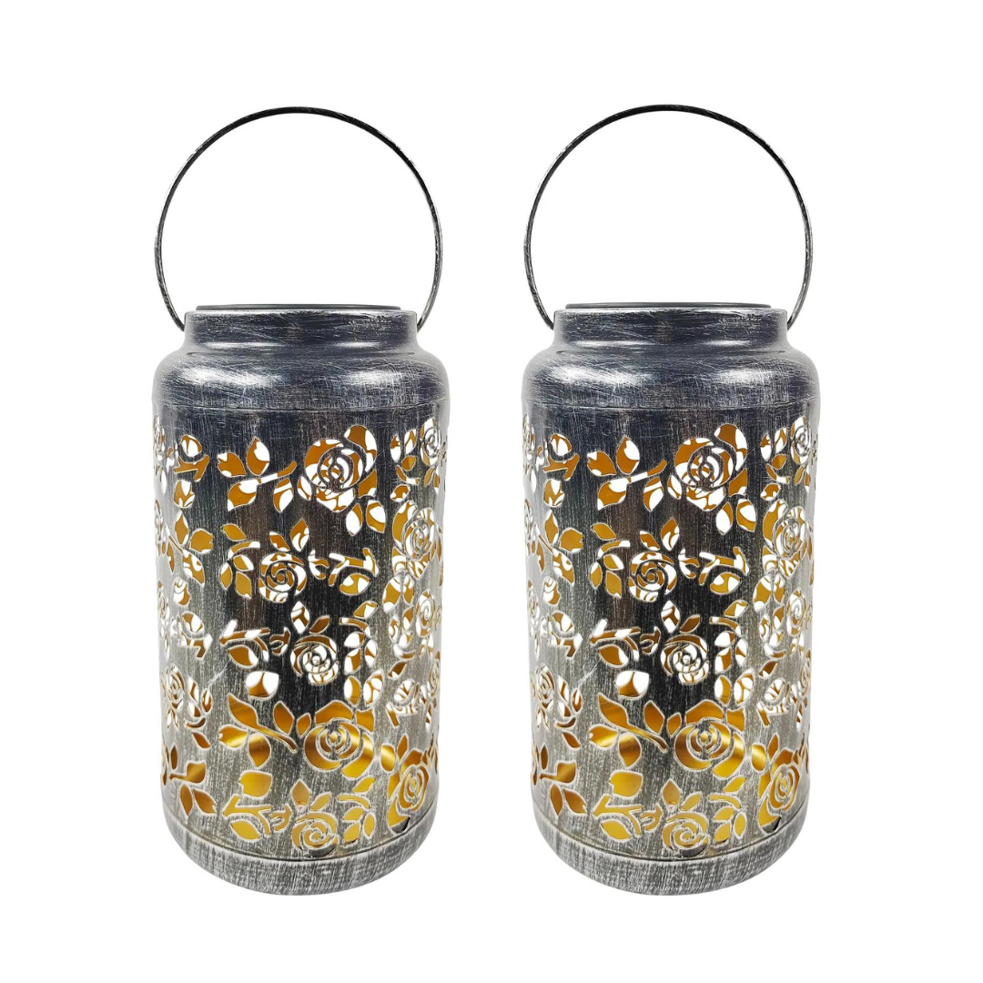 Bliss Outdoors 9" Tall 2-Pack Hanging and Tabletop Decorative Solar LED Lantern w/ Unique Rose Design - Senior.com Camping Lights & Lanterns