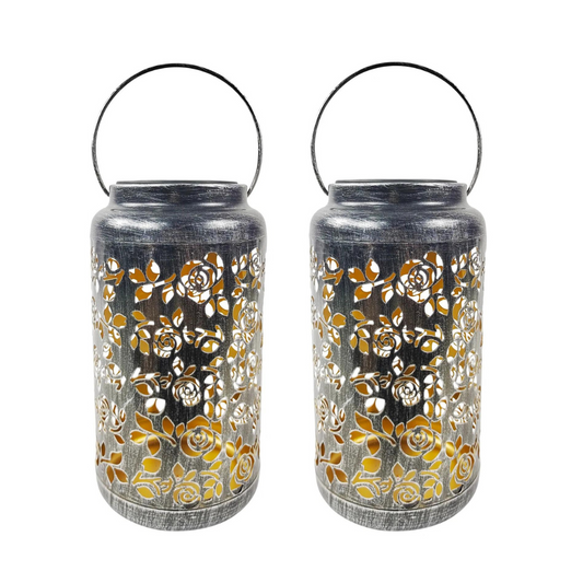 Bliss Outdoors 9" Tall 2-Pack Hanging and Tabletop Decorative Solar LED Lantern w/ Unique Rose Design - Senior.com Camping Lights & Lanterns