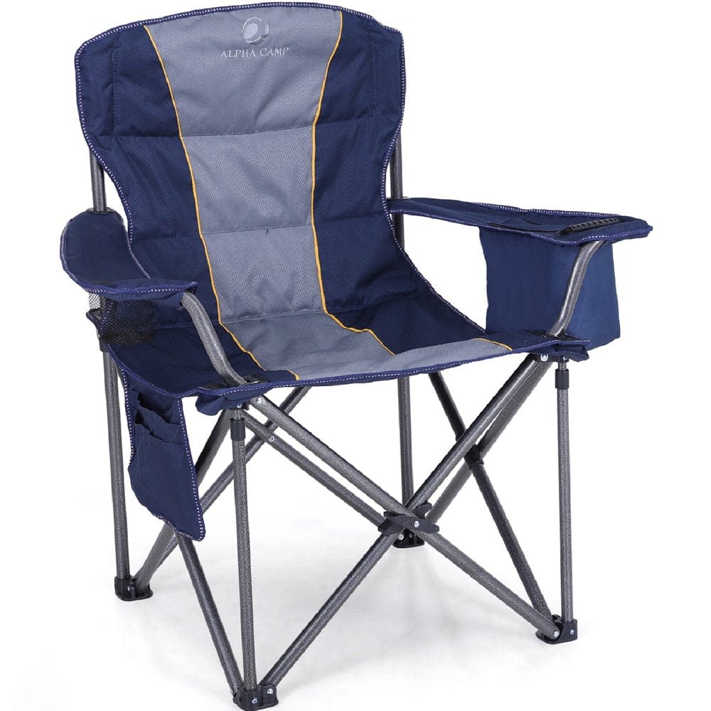 Alpha Camp Foldable Camping Chair Oversized Padded Heavy Duty Portable Quad Chair with Cooler Bag & Cup Holder Supports 450Lbs, Dark Blue
