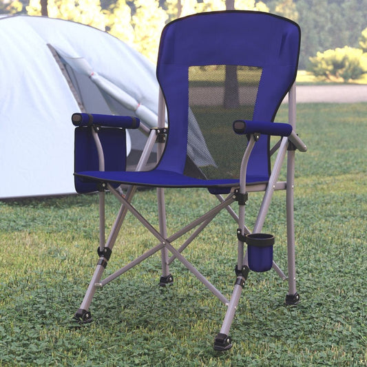 Bizchair High Back Folding Heavy Duty Portable Camping Chair with Padded Arms, Cup Holder, Storage Pouch and Extra Wide Carry Bag, Blue/Gray