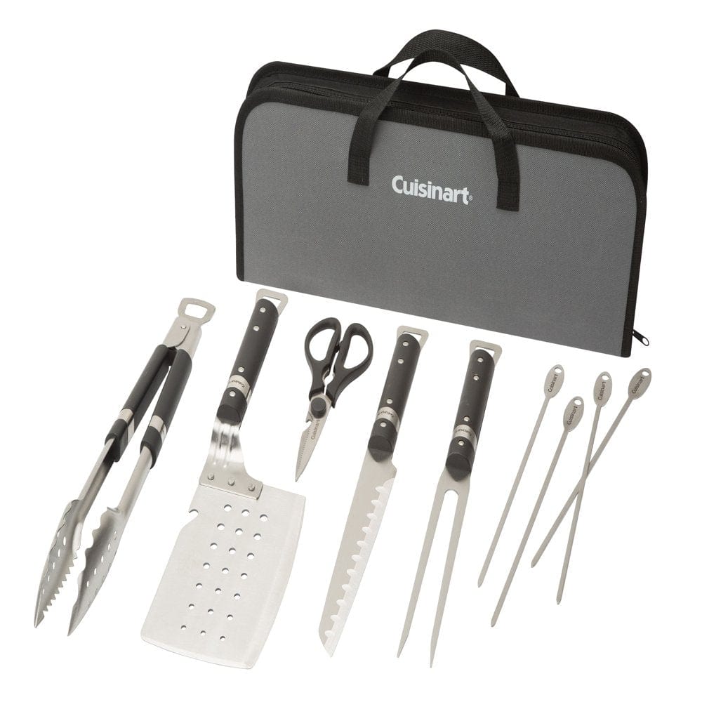 Cuisinart Chefs Classic 10 Piece Stainless Steel Grill Set - Spatula, Tongs, Fork, Knife, Shears, and 4 Skewers.