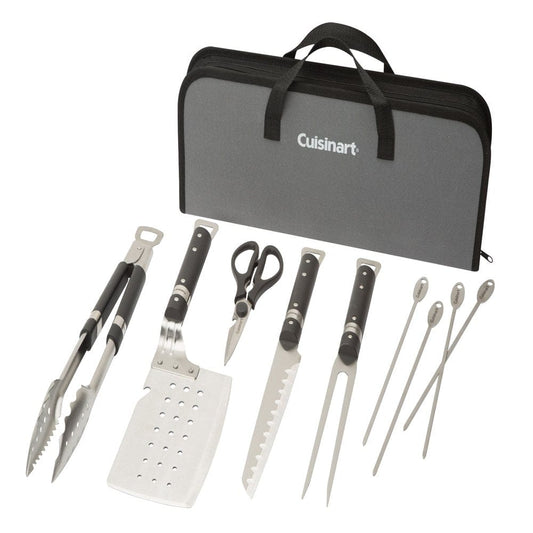 Cuisinart Chefs Classic 10 Piece Stainless Steel Grill Set - Spatula, Tongs, Fork, Knife, Shears, and 4 Skewers.